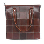 Genuine Leather Brown Tote Bag with Check Stitch Design and Top Zip Closure
