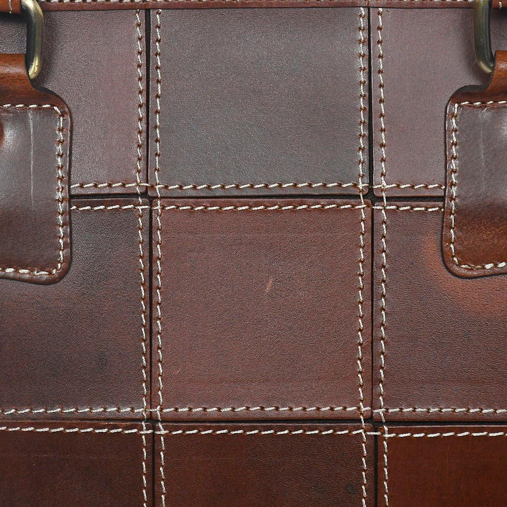 Genuine Leather Brown Tote Bag with Check Stitch Design and Top Zip Closure