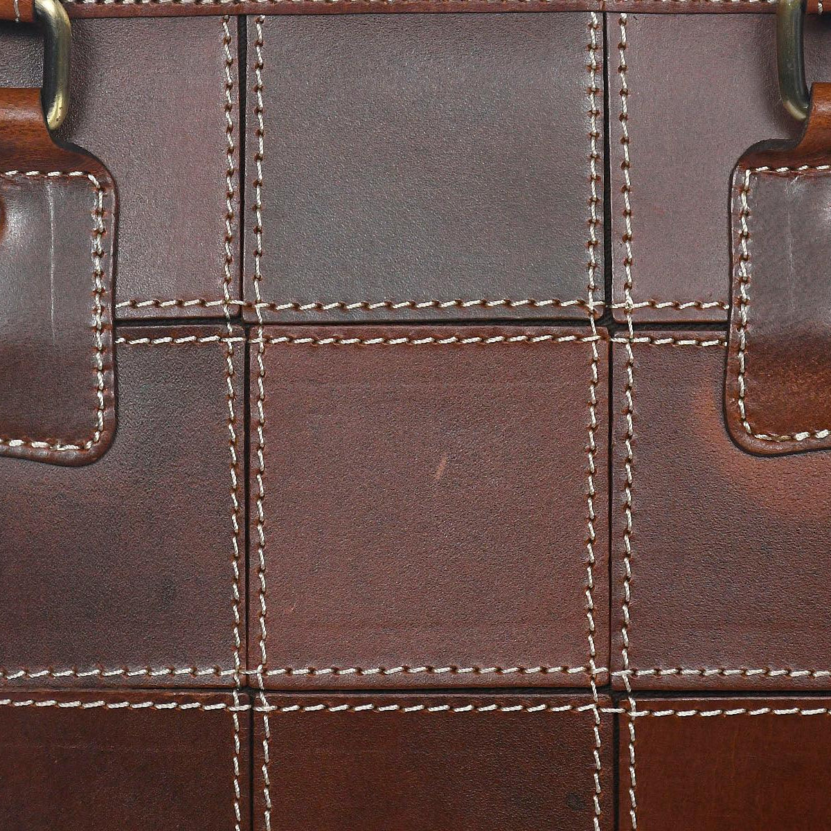Genuine Leather Brown Tote Bag with Check Stitch Design and Top Zip Closure