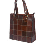 Genuine Leather Brown Tote Bag with Check Stitch Design and Top Zip Closure