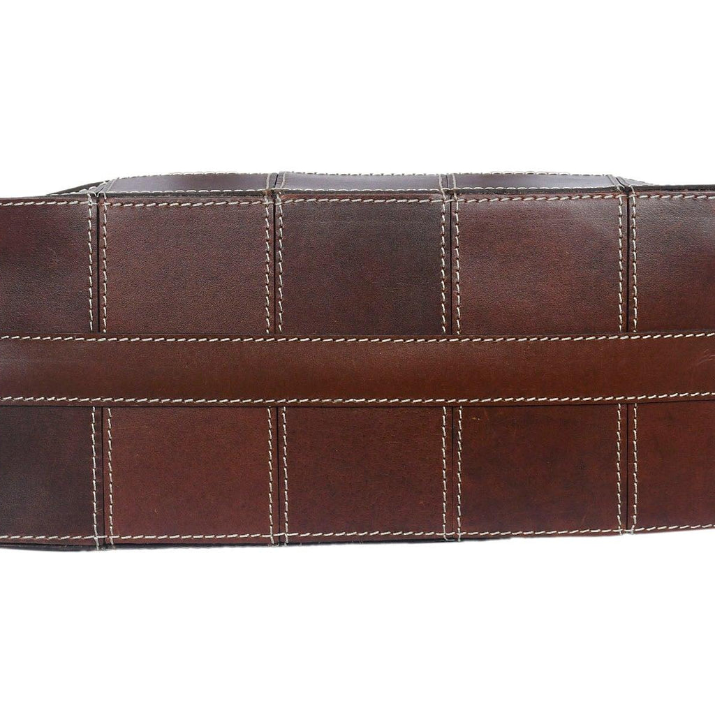 Genuine Leather Brown Tote Bag with Check Stitch Design and Top Zip Closure