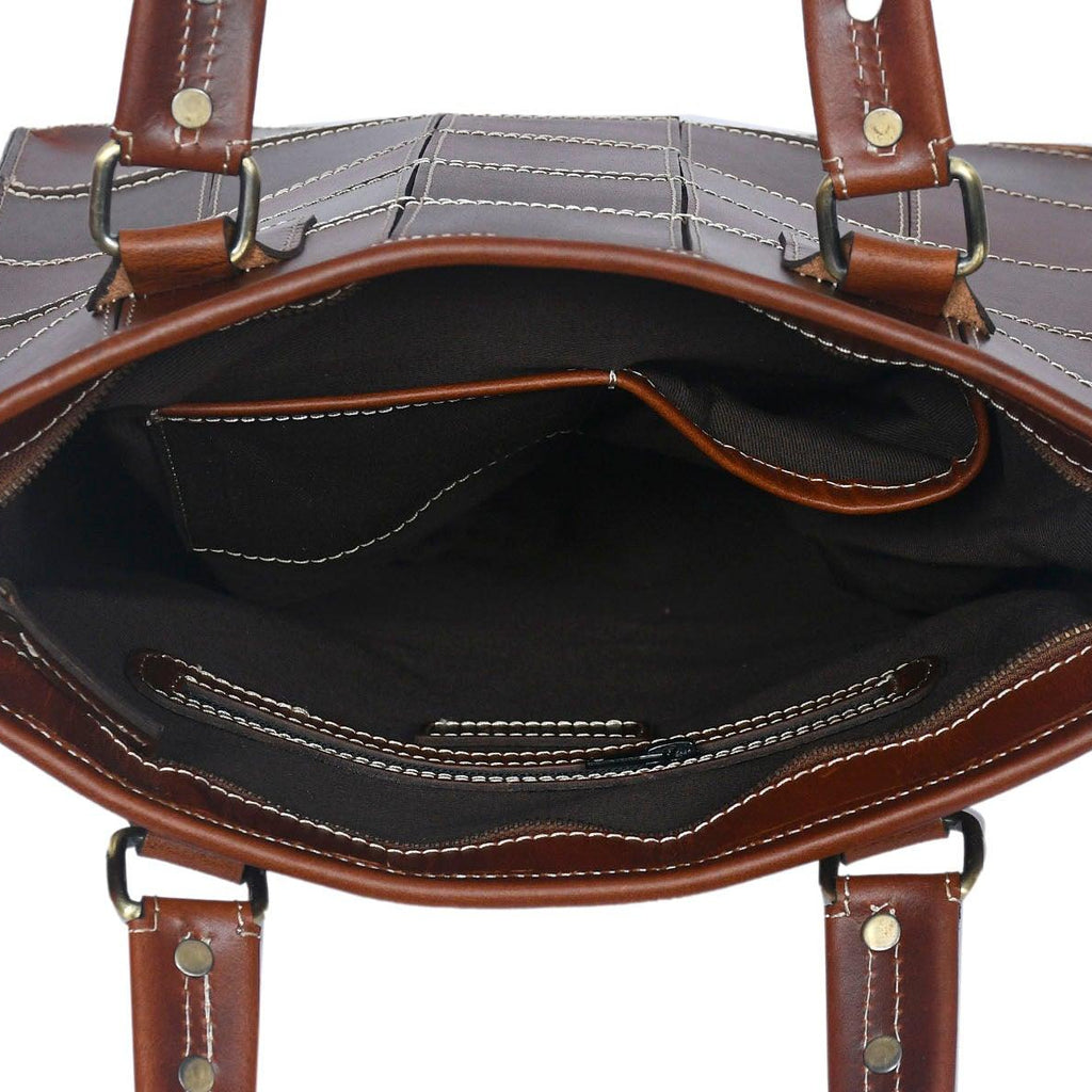 Genuine Leather Brown Tote Bag with Check Stitch Design and Top Zip Closure