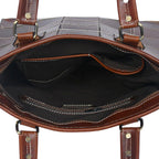 Genuine Leather Brown Tote Bag with Check Stitch Design and Top Zip Closure