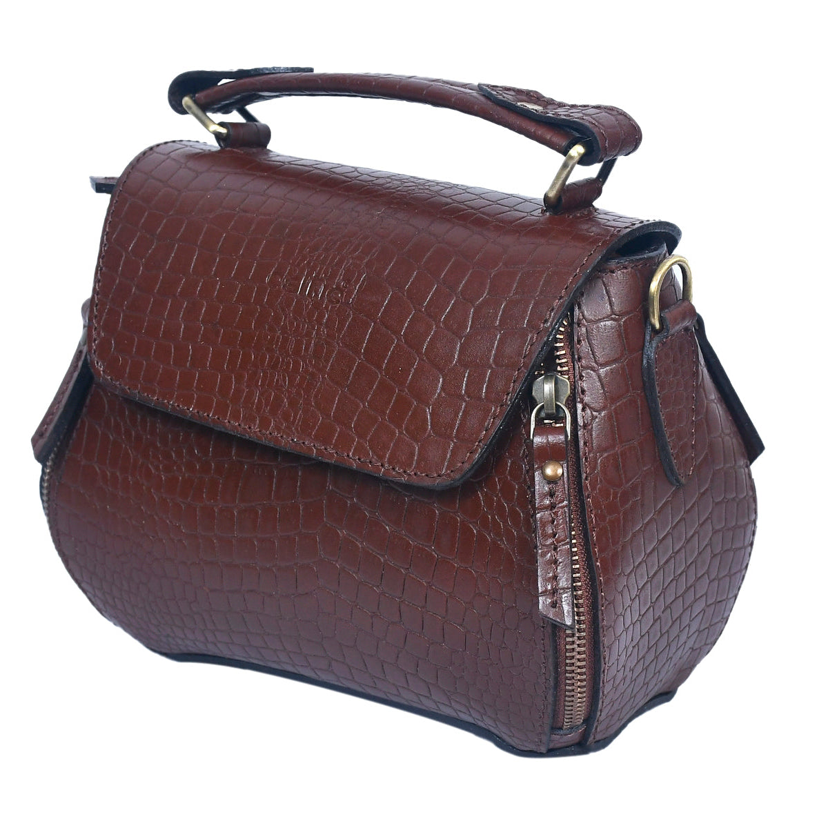 Premium Croc-Embossed Leather Handbag with Top Handle & Structured Zip Compartments