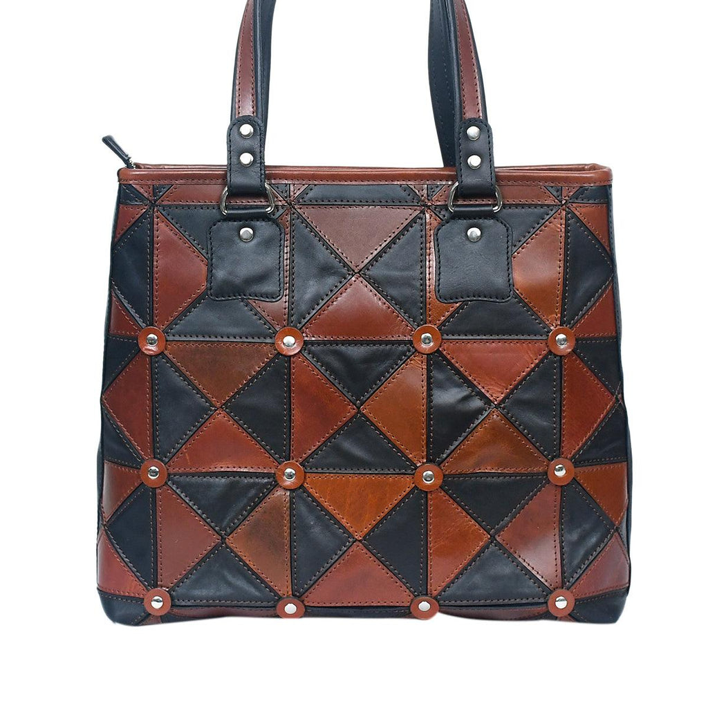 Handcrafted Patchwork Leather Tote Bag with Zip Closure & Structured Handles