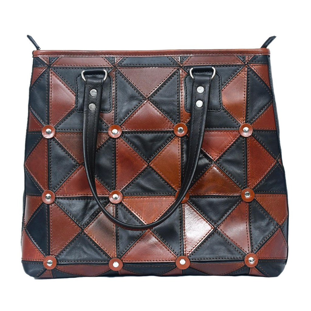 Handcrafted Patchwork Leather Tote Bag with Zip Closure & Structured Handles