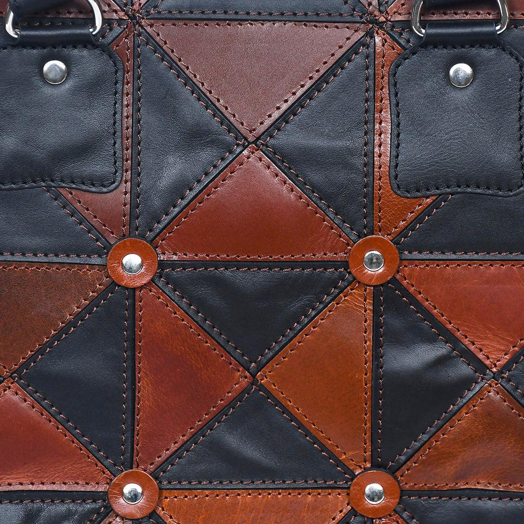Handcrafted Patchwork Leather Tote Bag with Zip Closure & Structured Handles