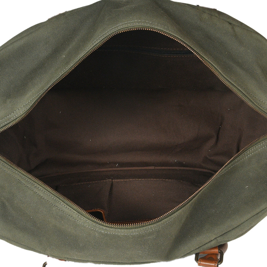 Olive Green Canvas Duffle Bag with Leather Trim Travel, Gym & Weekend Carry Bag