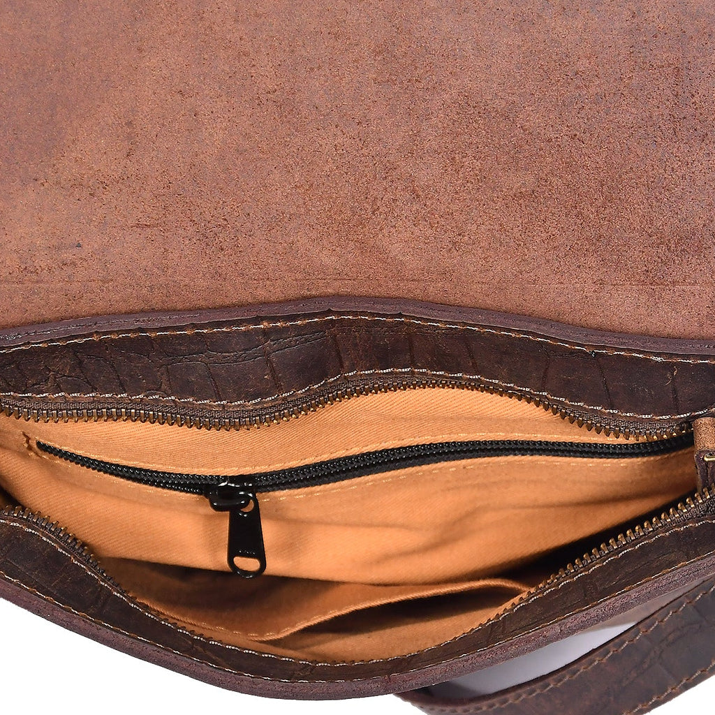Vintage Croc-Textured Brown Leather Crossbody Sling Bag