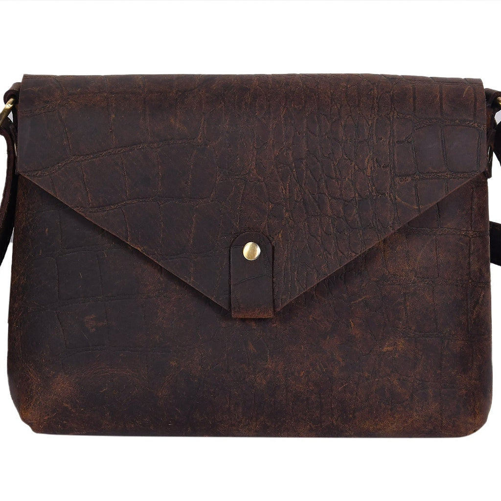 Vintage Croc-Textured Brown Leather Crossbody Sling Bag