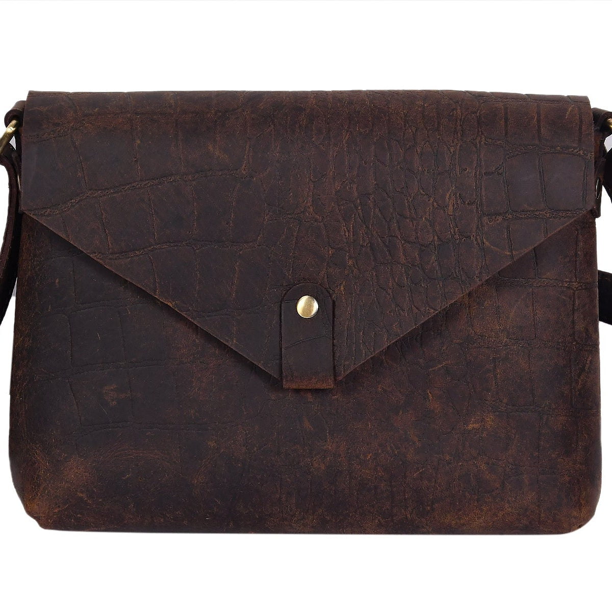 Vintage Croc-Textured Brown Leather Crossbody Sling Bag
