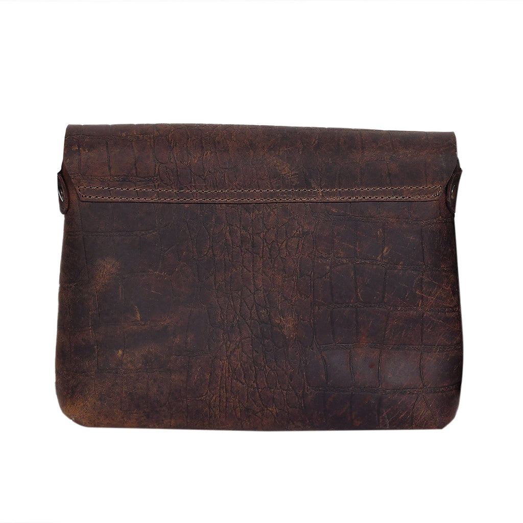 Vintage Croc-Textured Brown Leather Crossbody Sling Bag