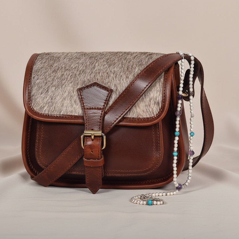 Women’s Genuine Leather Mini Crossbody Bag – Natural Hair-On Flap (Brown & Grey)
