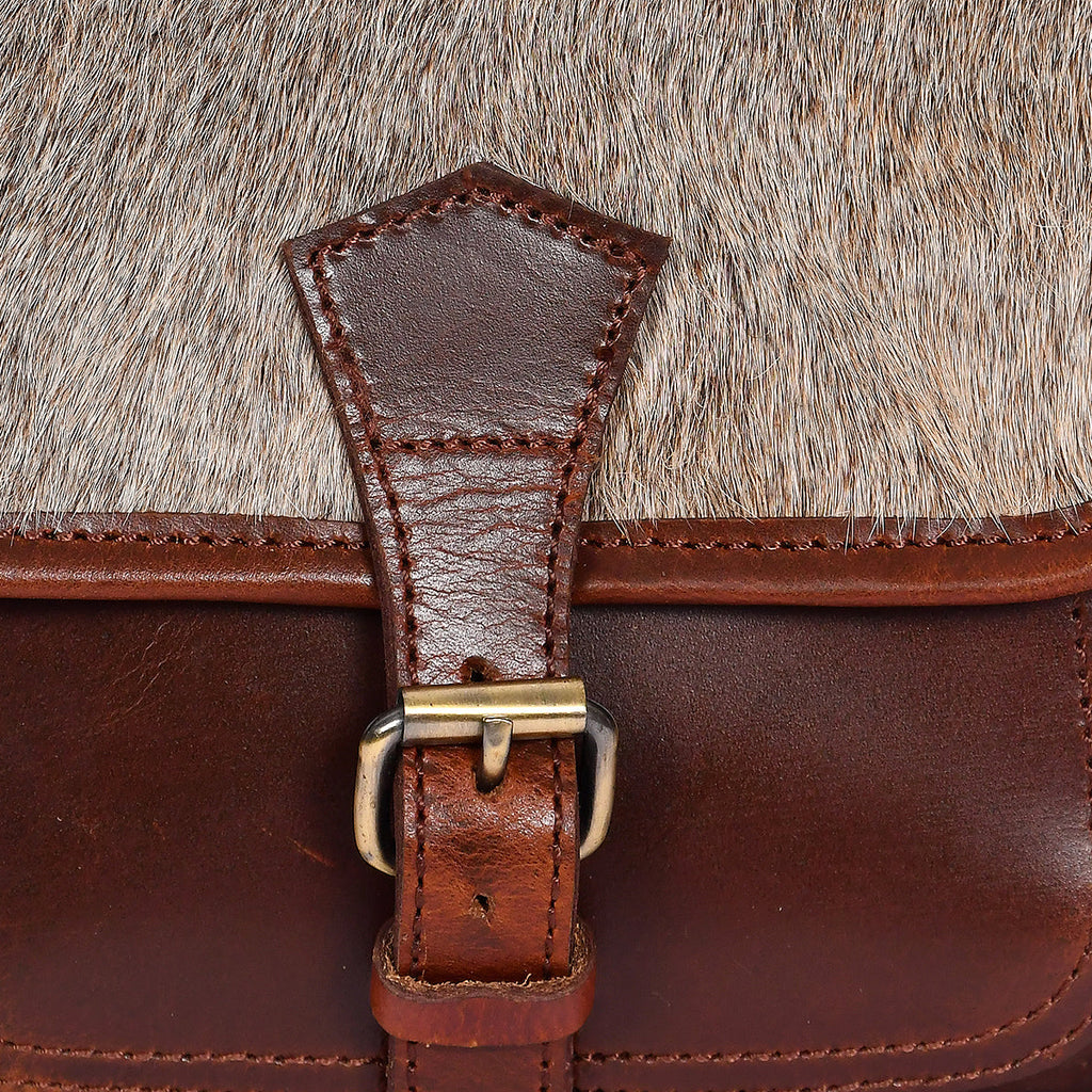 Women’s Genuine Leather Mini Crossbody Bag – Natural Hair-On Flap (Brown & Grey)