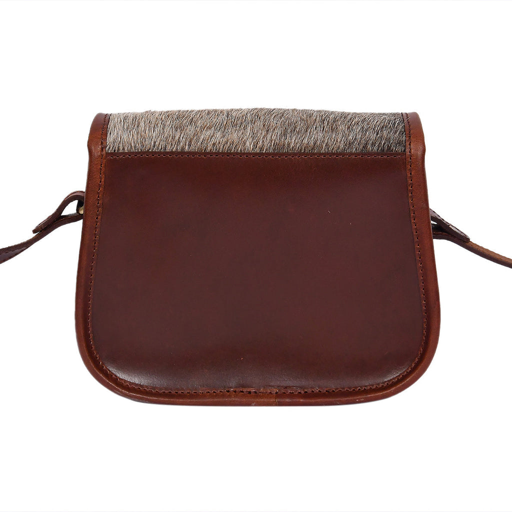 Women’s Genuine Leather Mini Crossbody Bag – Natural Hair-On Flap (Brown & Grey)
