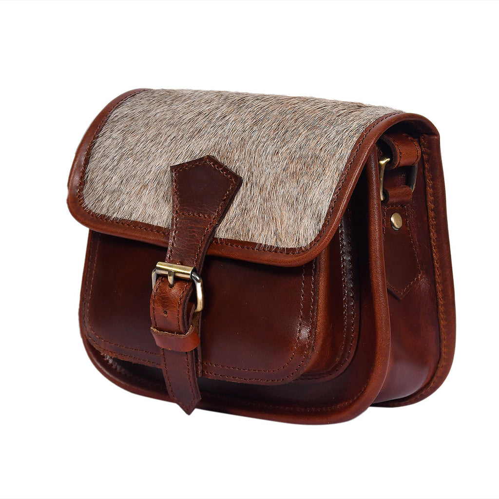 Women’s Genuine Leather Mini Crossbody Bag – Natural Hair-On Flap (Brown & Grey)