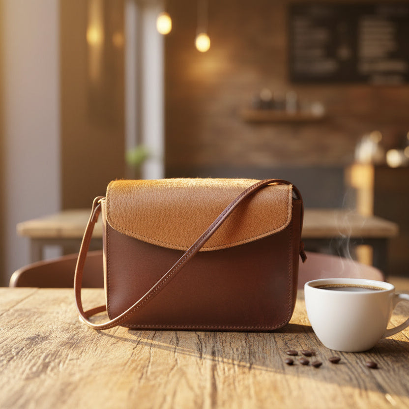 Brown Leather Crossbody Bag with Tan Hairon Flap