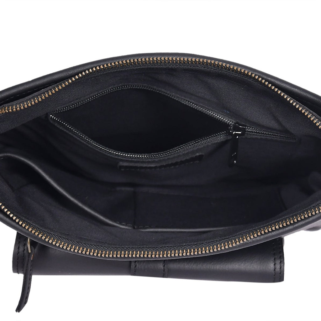 Classic Black Leather Crossbody Sling Bag with Front Pocket & Zip Closure