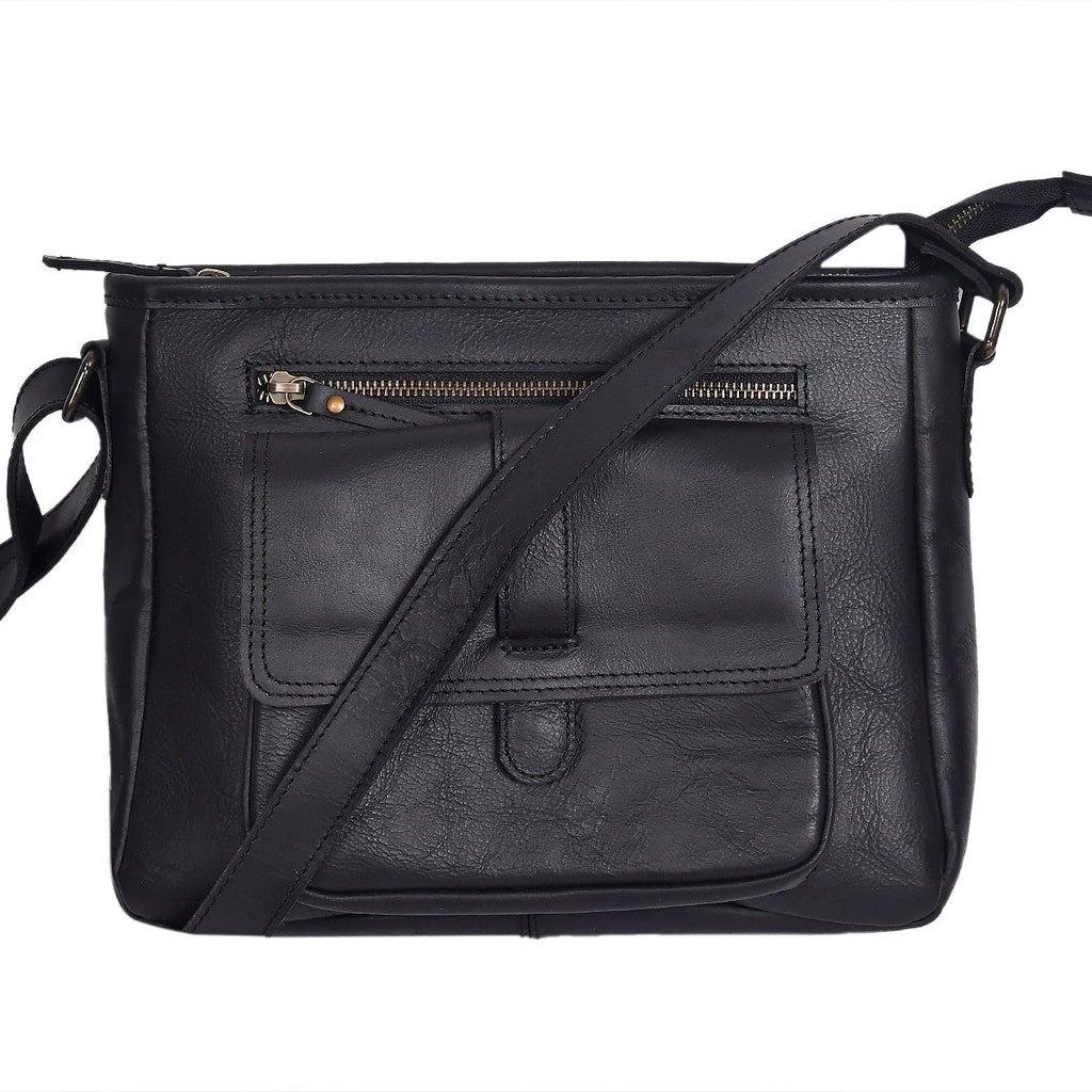 Classic Black Leather Crossbody Sling Bag with Front Pocket & Zip Closure