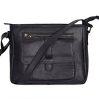 Classic Black Leather Crossbody Sling Bag with Front Pocket & Zip Closure