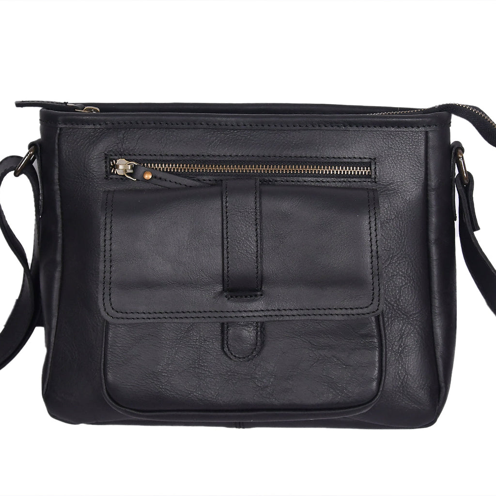 Classic Black Leather Crossbody Sling Bag with Front Pocket & Zip Closure