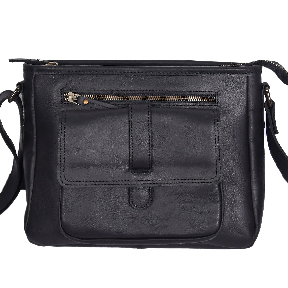 Classic Black Leather Crossbody Sling Bag with Front Pocket & Zip Closure