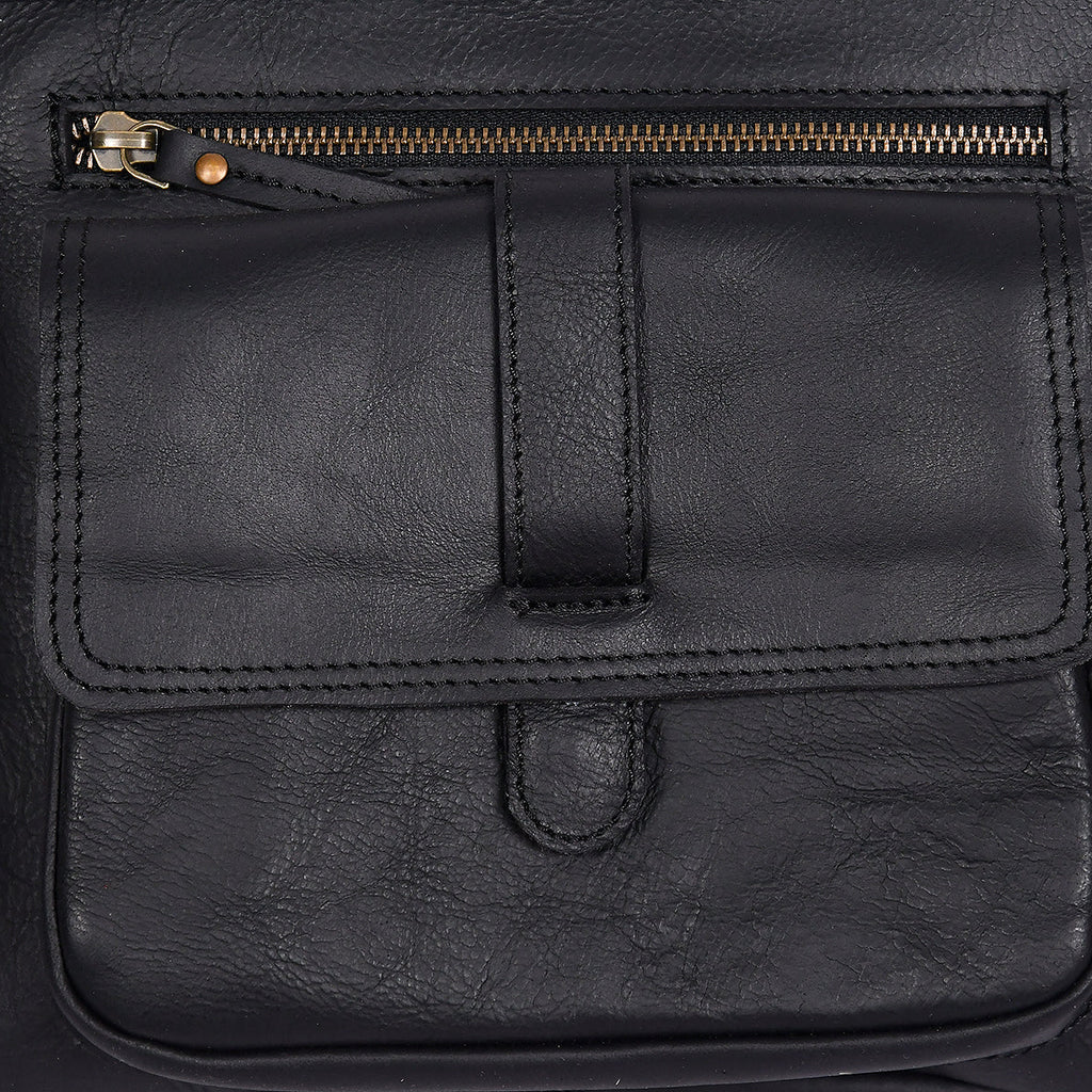 Classic Black Leather Crossbody Sling Bag with Front Pocket & Zip Closure