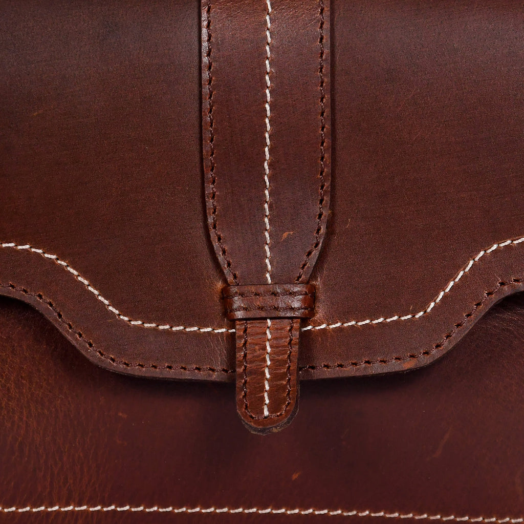 Structured Genuine Leather Crossbody Bag with Front Flap &  White Stitch Detailing
