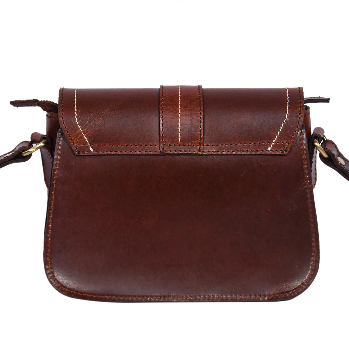Structured Genuine Leather Crossbody Bag with Front Flap &  White Stitch Detailing