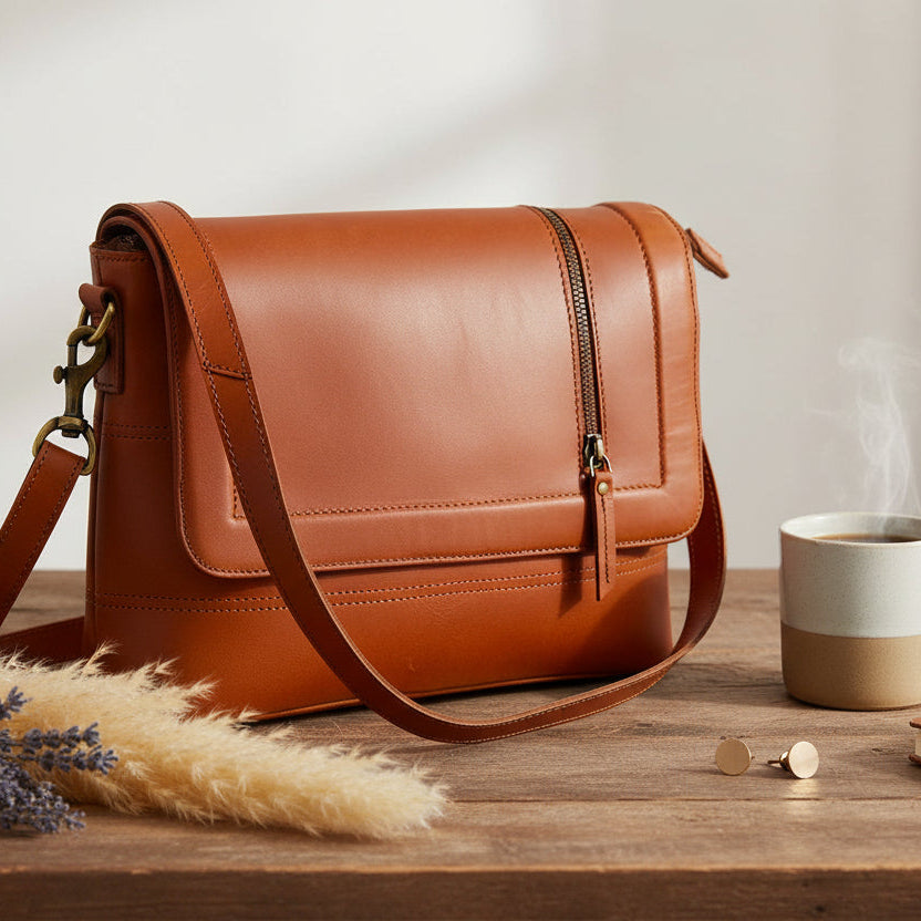 Premium Leather Crossbody Bag with Smooth Grain Texture & Organized Interior