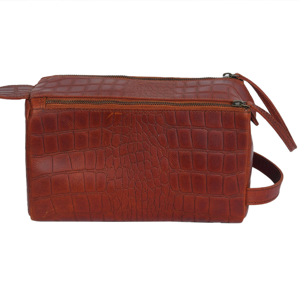 Croc-Embossed Leather Dopp Kit | Travel Toiletry Organizer with Top Zip & Front Pocket