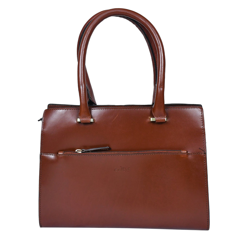 Premium Genuine Leather Structured Tote Handbag with Dual Zip Compartments.