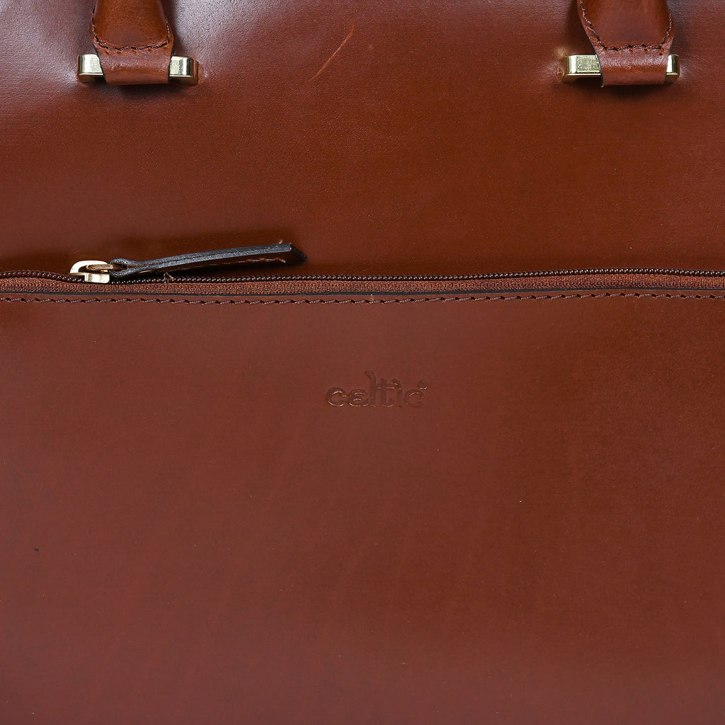 Premium Genuine Leather Structured Tote Handbag with Dual Zip Compartments.