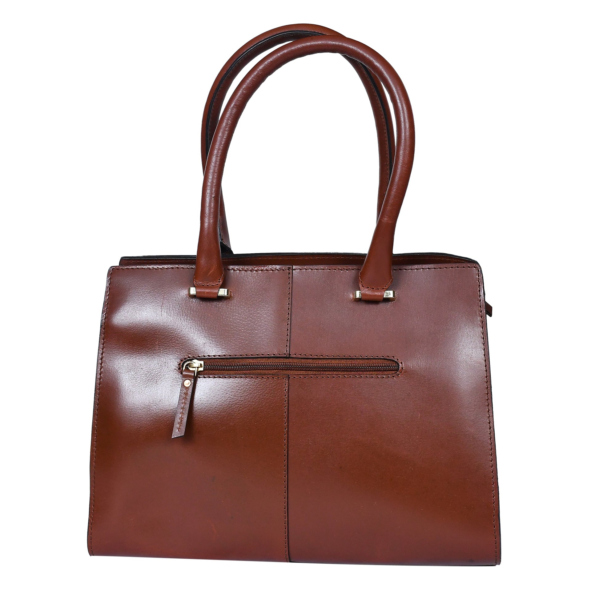 Premium Genuine Leather Structured Tote Handbag with Dual Zip Compartments.