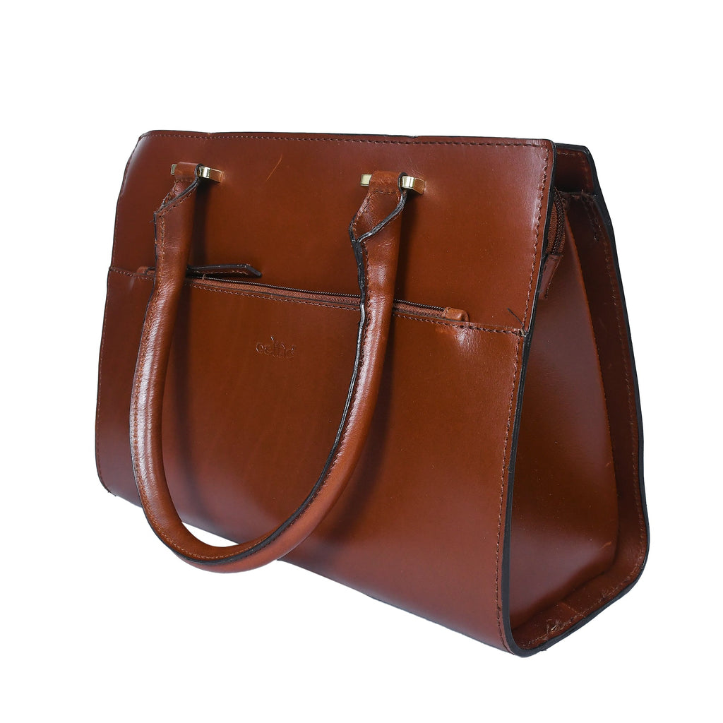 Premium Genuine Leather Structured Tote Handbag with Dual Zip Compartments.
