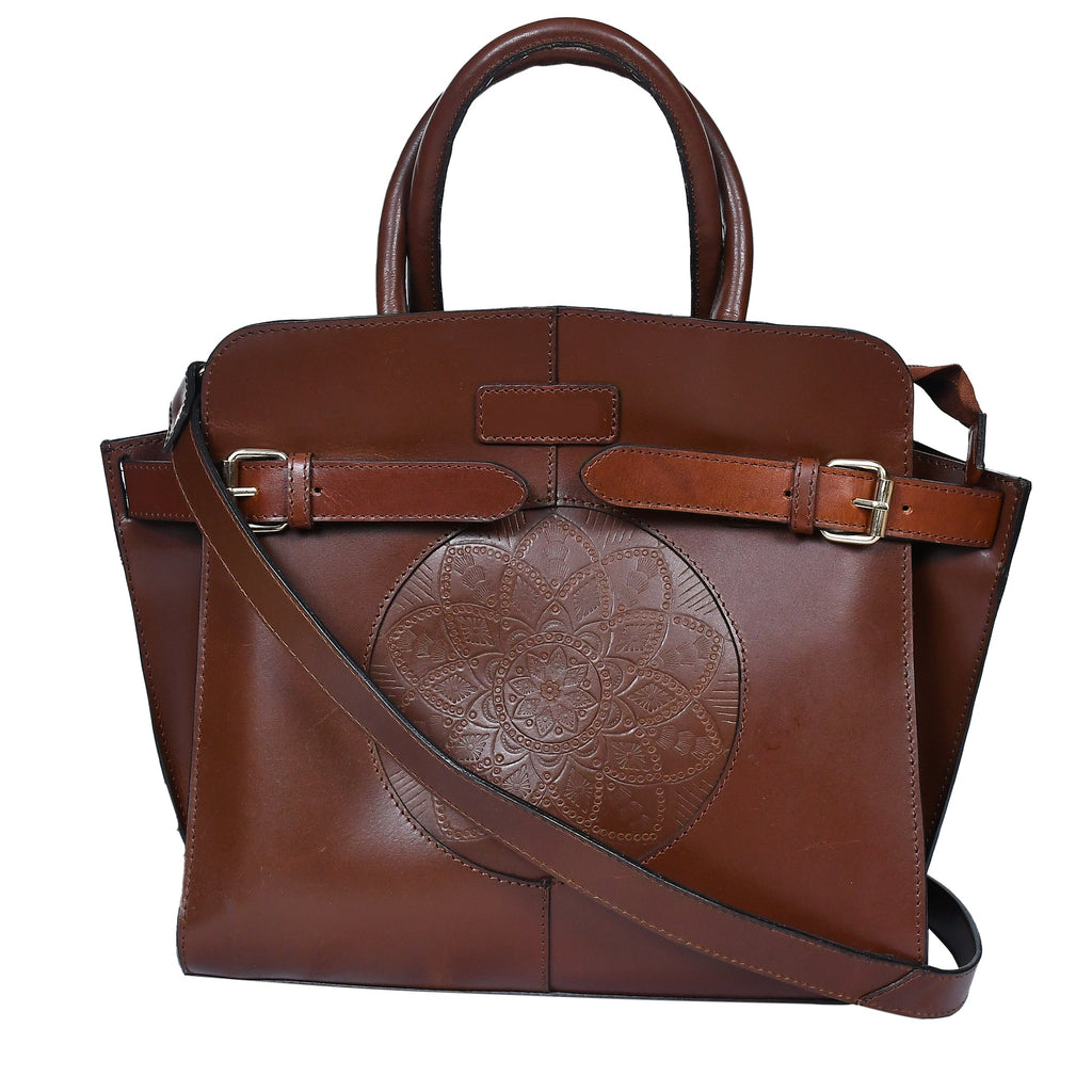 Premium Handcrafted Leather Satchel hand Bag with Embossed Front Panel