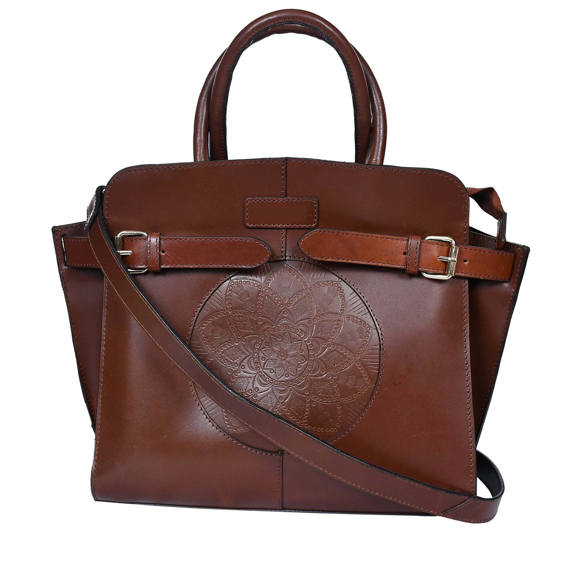 Premium Handcrafted Leather Satchel hand Bag with Embossed Front Panel