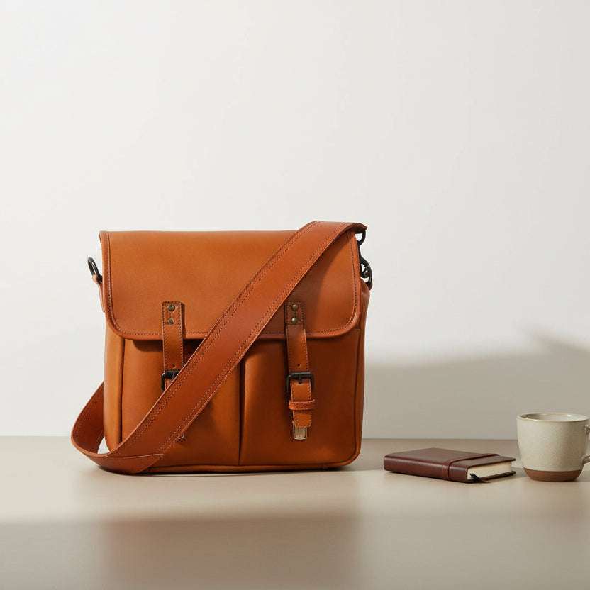 Premium Leather Camera Messenger Bag with Removable Compartments & Adjustable Strap