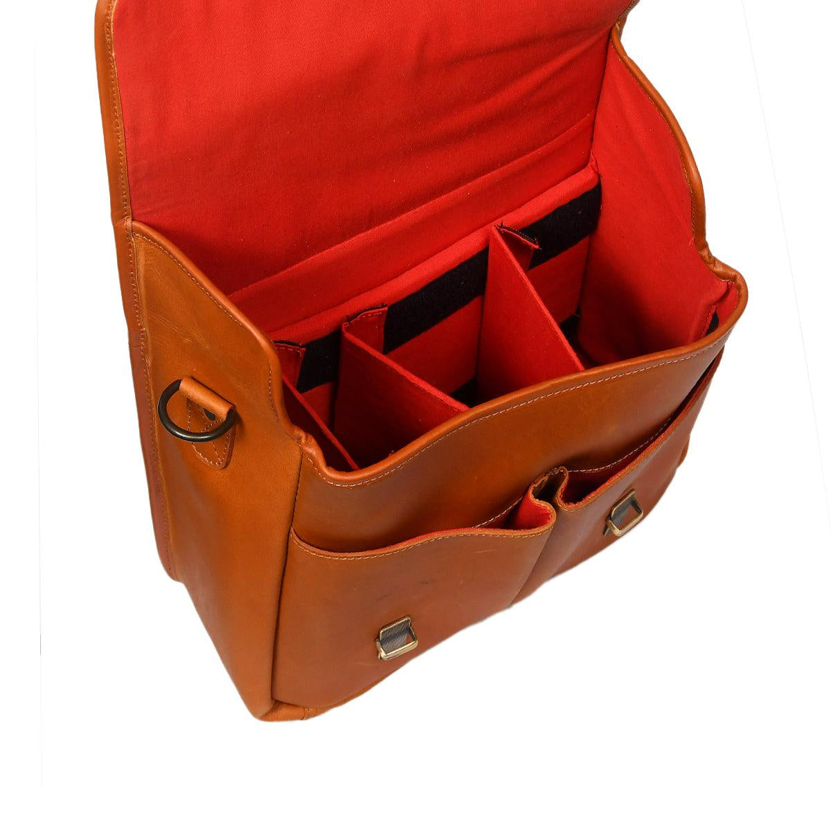 Premium Leather Camera Messenger Bag with Removable Compartments & Adjustable Strap