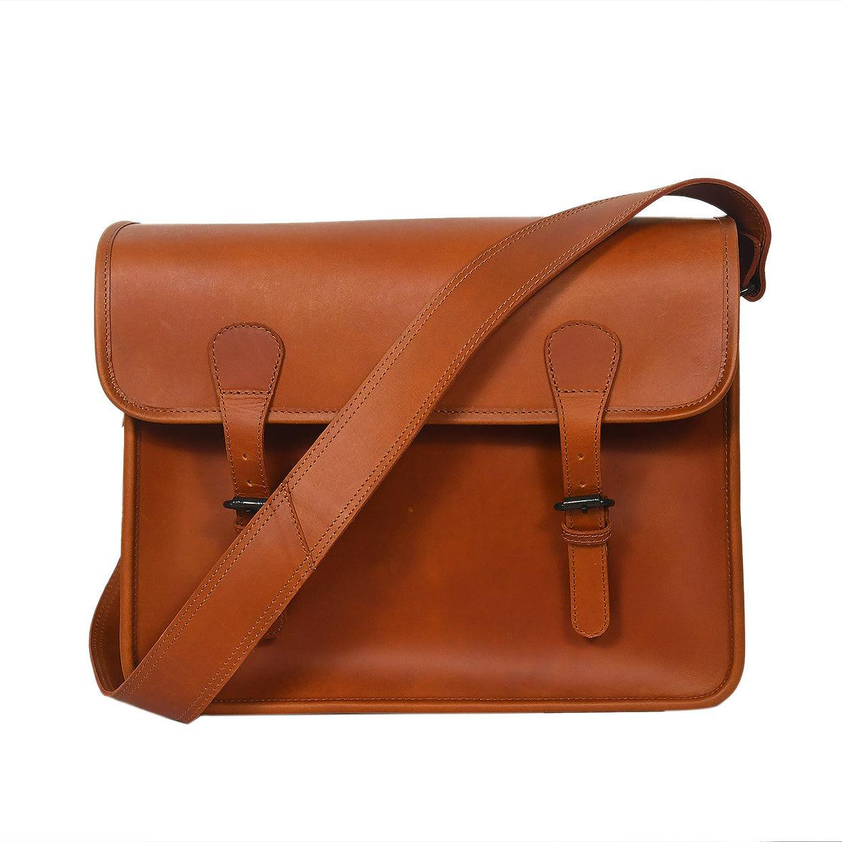 Premium Leather Laptop Messenger Bag with Dual Buckle Flap & Adjustable Strap