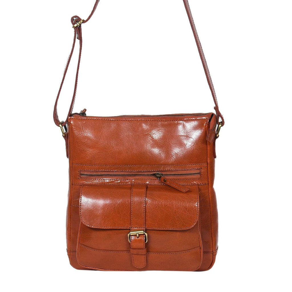 Slim Genuine Leather Crossbody Bag with Buckle Pocket & Multiple Compartments