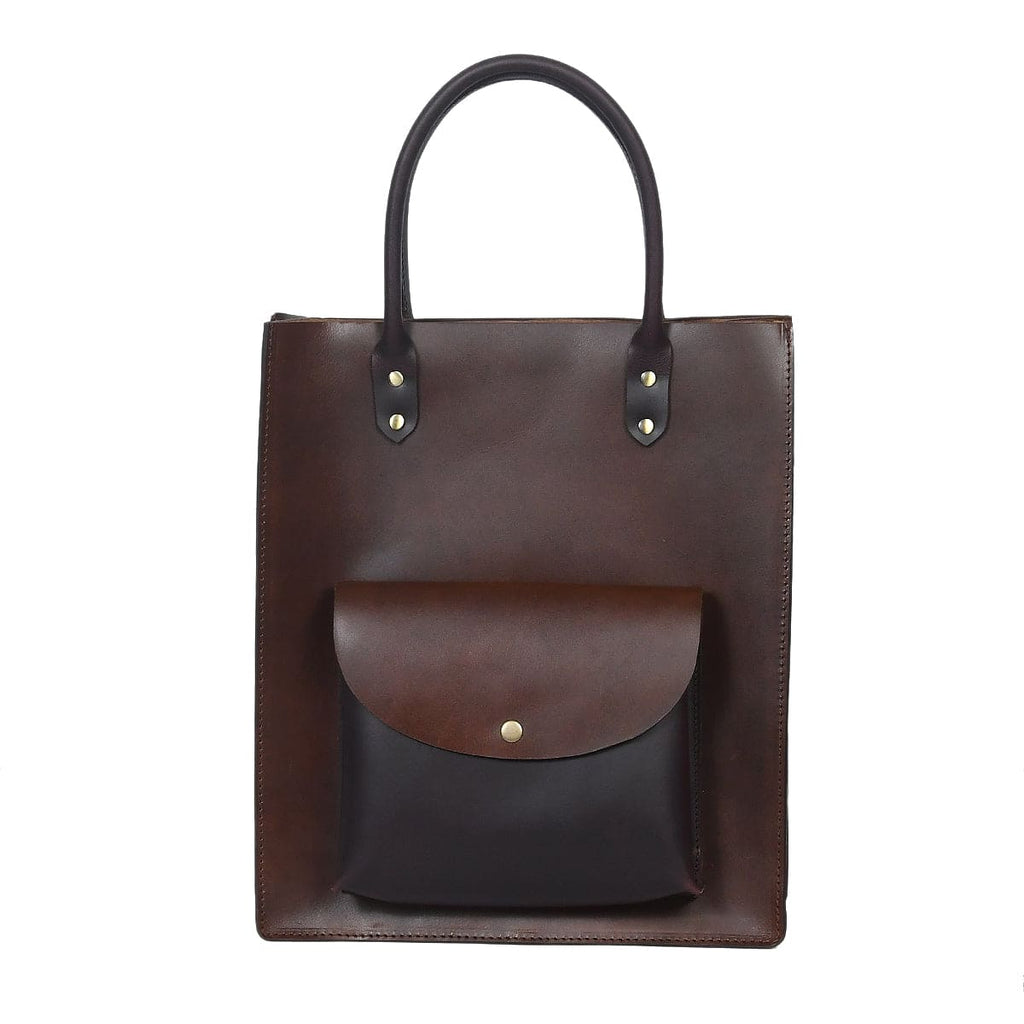 Structured Leather Shopper Tote Bag with Front Pocket and Dual Handles