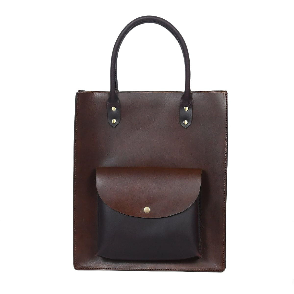 Structured Leather Shopper Tote Bag with Front Pocket and Dual Handles