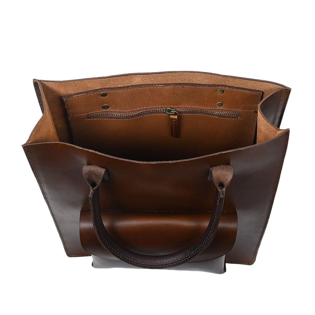 Structured Leather Shopper Tote Bag with Front Pocket and Dual Handles