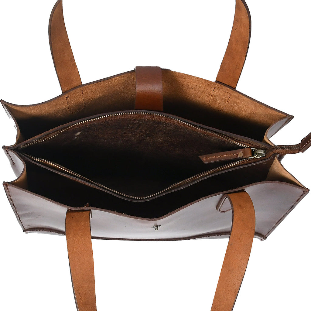 Full-Grain Leather Structured Shopper Tote with Dual Compartments & Snap Closure