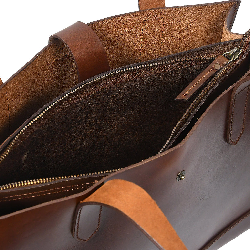 Full-Grain Leather Structured Shopper Tote with Dual Compartments & Snap Closure