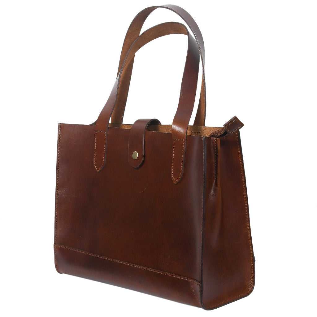 Full-Grain Leather Structured Shopper Tote with Dual Compartments & Snap Closure