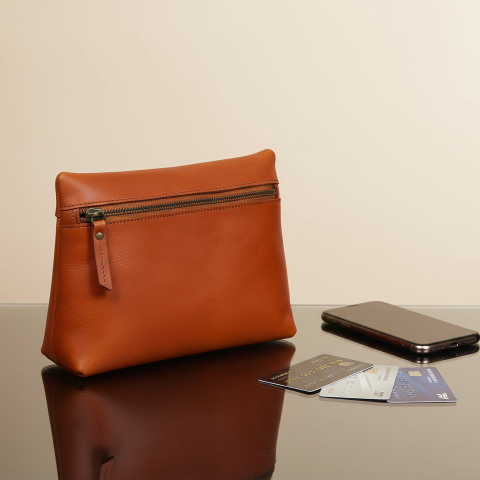 Premium Tan Leather Zipper clutch – Minimalist Everyday Organizer