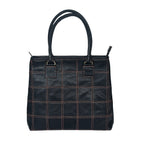 Premium Women Black Leather Tote Bag with Red Stitch Grid and Spacious Interior