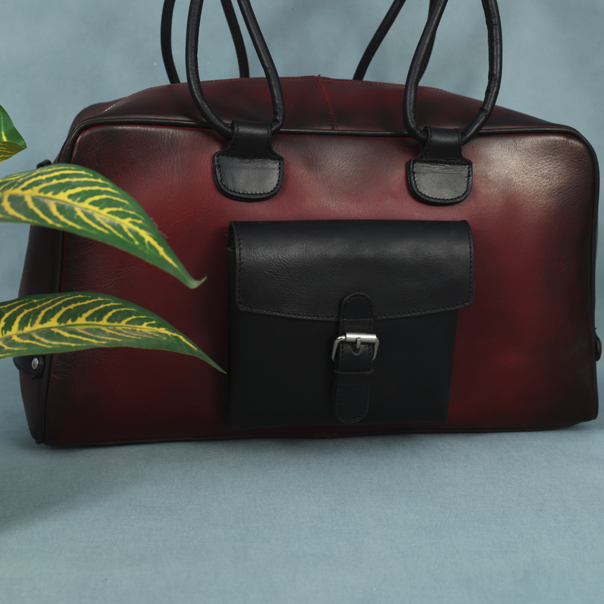 Premium Leather Travel Duffel Bag with Front Buckle Pocket & Dual Carry Straps
